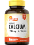 Gélules Sundance Calcium 1200 mg et D3 5000 UI en bouteille, soutien quotidien.