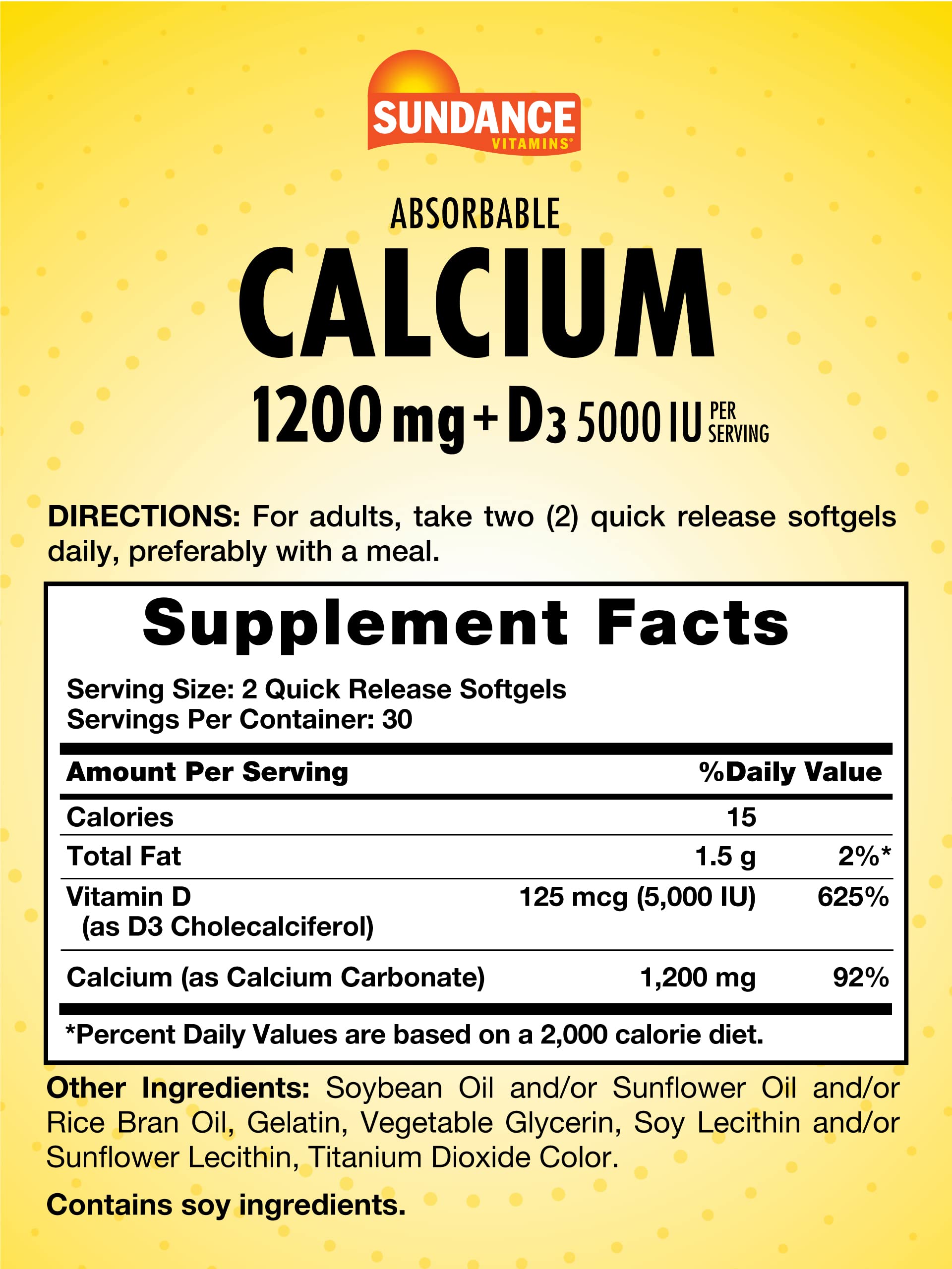 Etiquette Sundance Calcium 1200 mg et D3 5000 UI, informations claires et sans gluten.