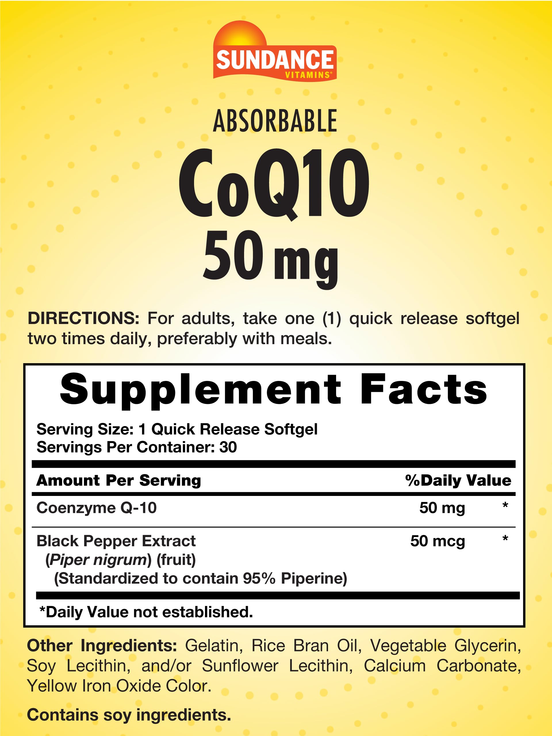 Sundance CoQ10 50 mg avec extrait poivre noir, absorption potentielle facilitée.