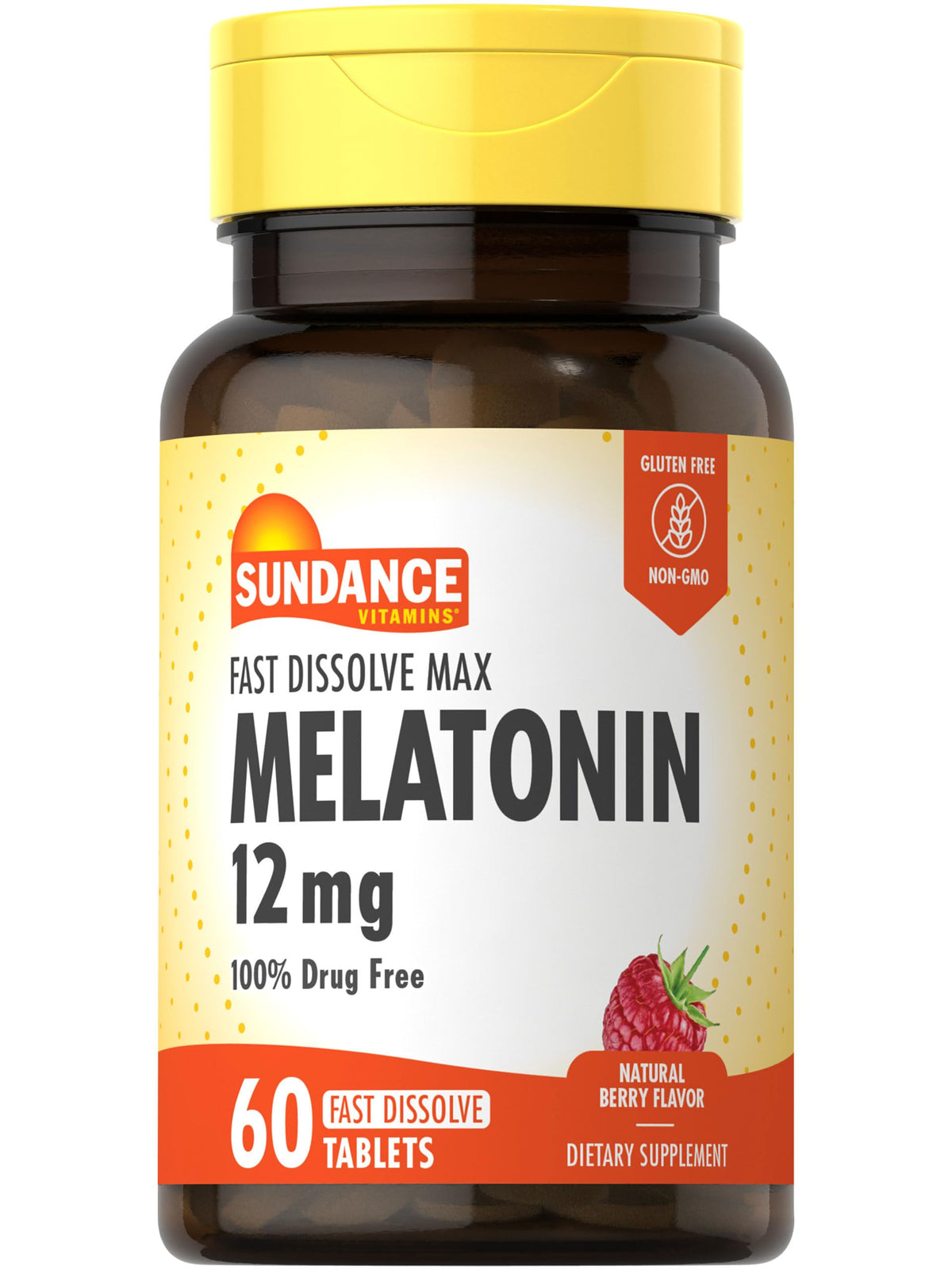 Sundance Mélatonine 12 mg, comprimés gourmands à la framboise qui fondent rapidement et facilitent l'endormissement.