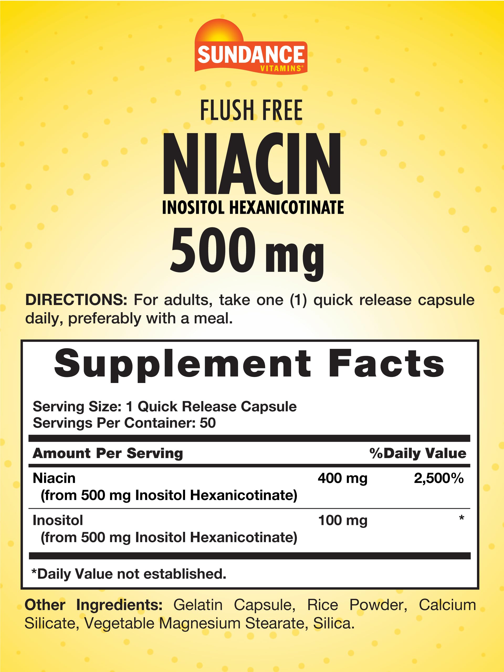 Sundance Niacine 500 mg capsules, libération rapide pour énergie quotidienne.
