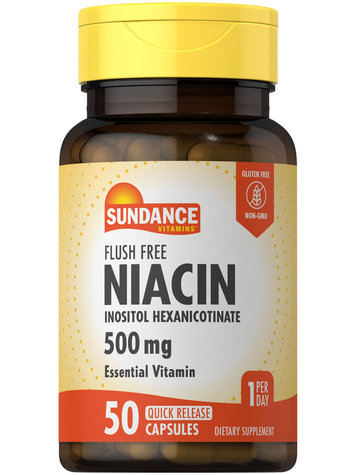 Sundance Niacine 500 mg sans flush en flacon, capsules faciles à avaler.