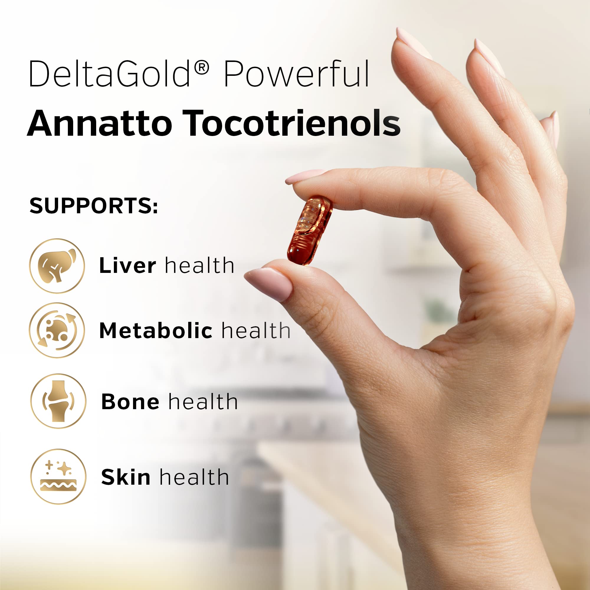 Sunergetic annatto-tocotrienols boite emballage pratique pour usage quotidien.