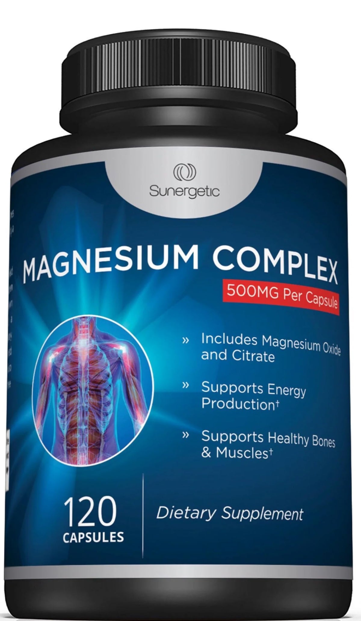 Sunergetic magnésium oxyde-citrate 500 mg en bouteille, capsules faciles à avaler.