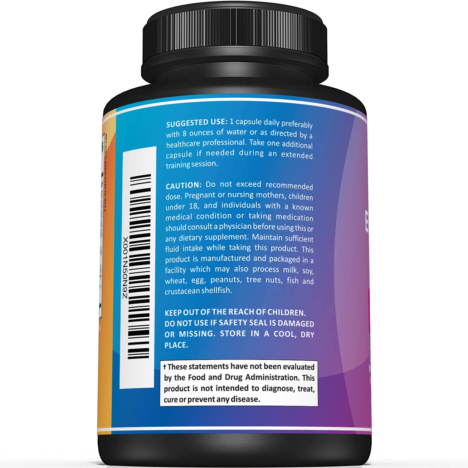 Sunergetic Electrolyte Capsules étiquette lisible, ingrédients facilement identifiables.
