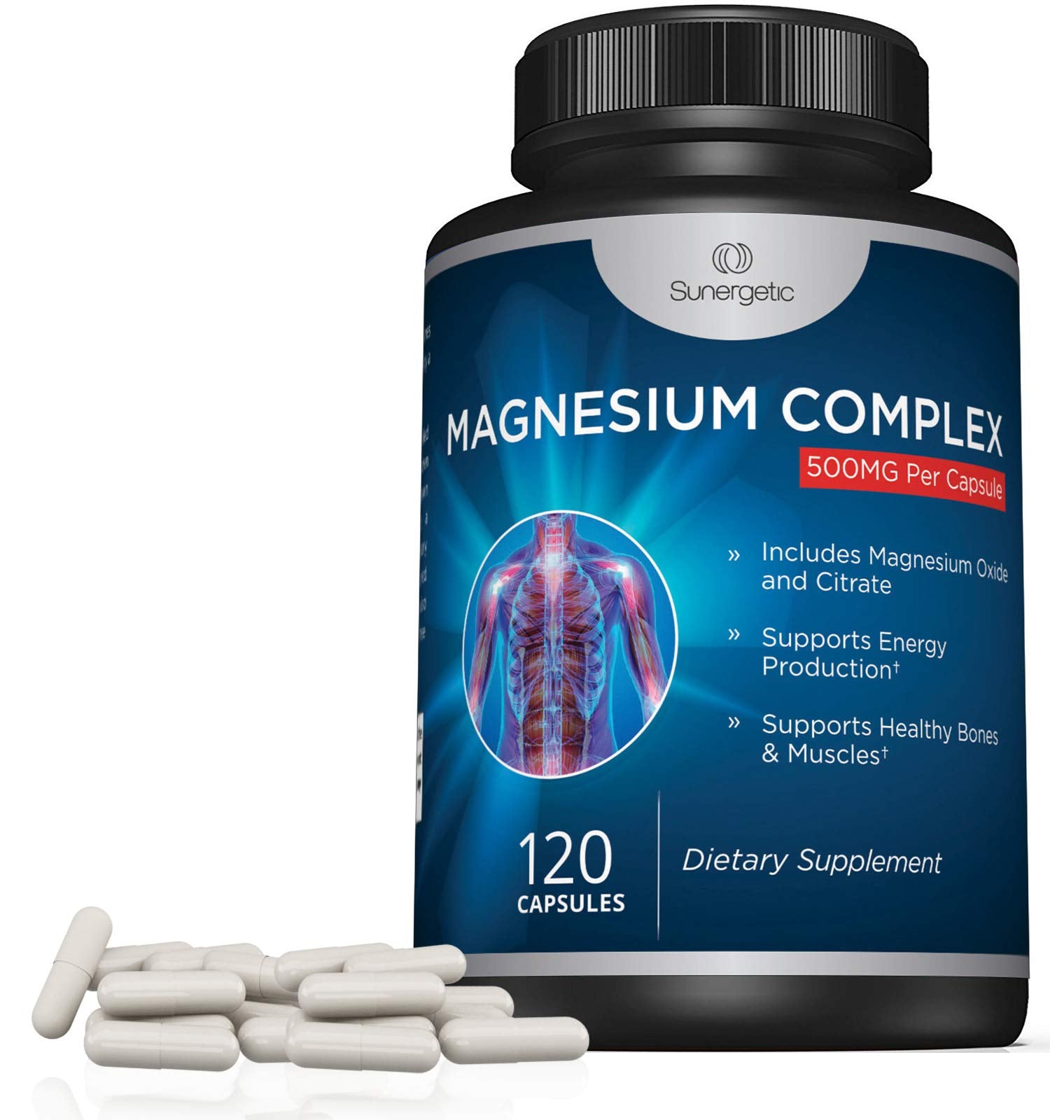Sunergetic flacon capsules magnésium oxyde-citrate, formulation double et pratique.