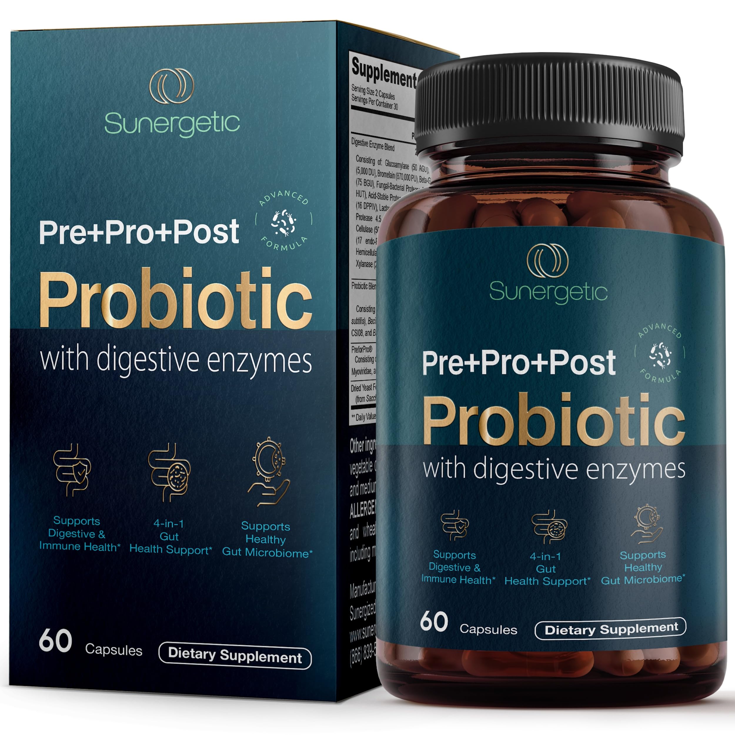 Sunergetic Quatre en Un Probiotique - Bouteille pour le soutien digestif quotidien.