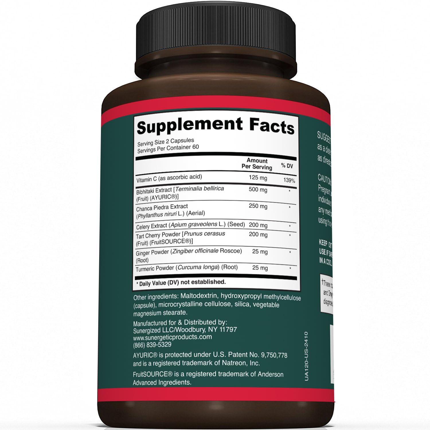 Sunergetic Uric Acid Support – etiquette affichée, informations sur les ingrédients naturels