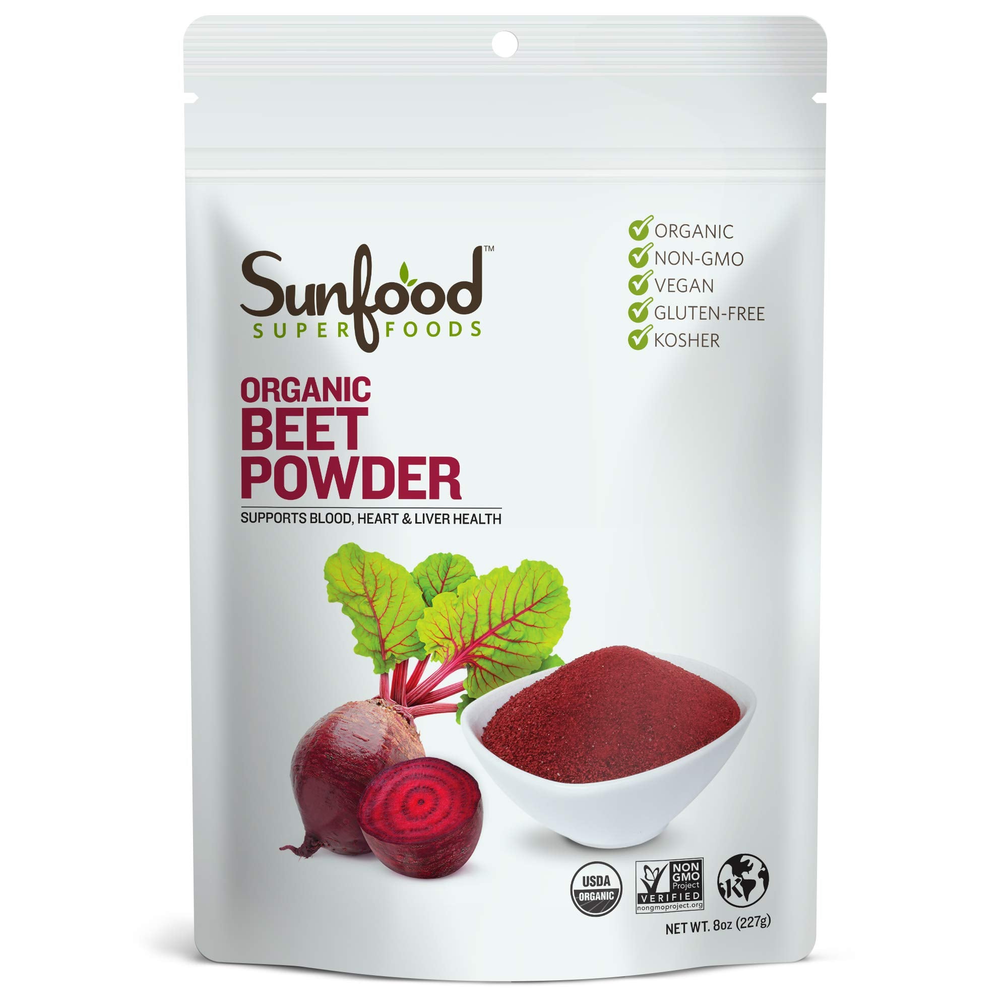 Poudre de betterave Sunfood Bio prête à être mélangée dans smoothies et jus.