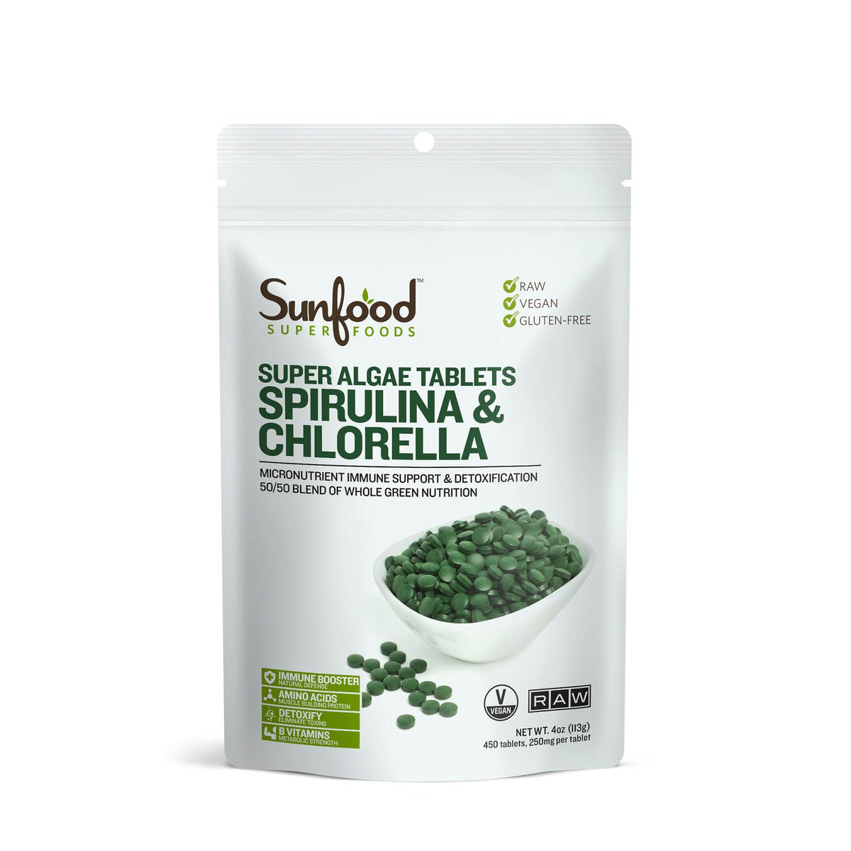 Sunfood Chlorella Spirulina : comprimés riches en chlorophylle pour soutien nutritionnel quotidien.