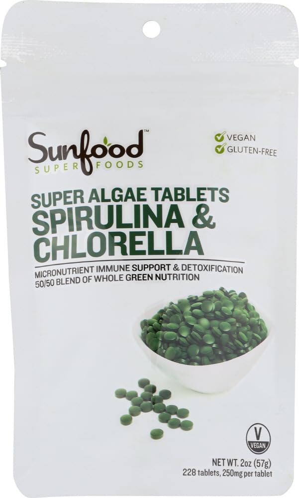 Sunfood Chlorella Spirulina, bouteille 2 oz, comprimés faciles à prendre pour votre nutrition quotidienne.