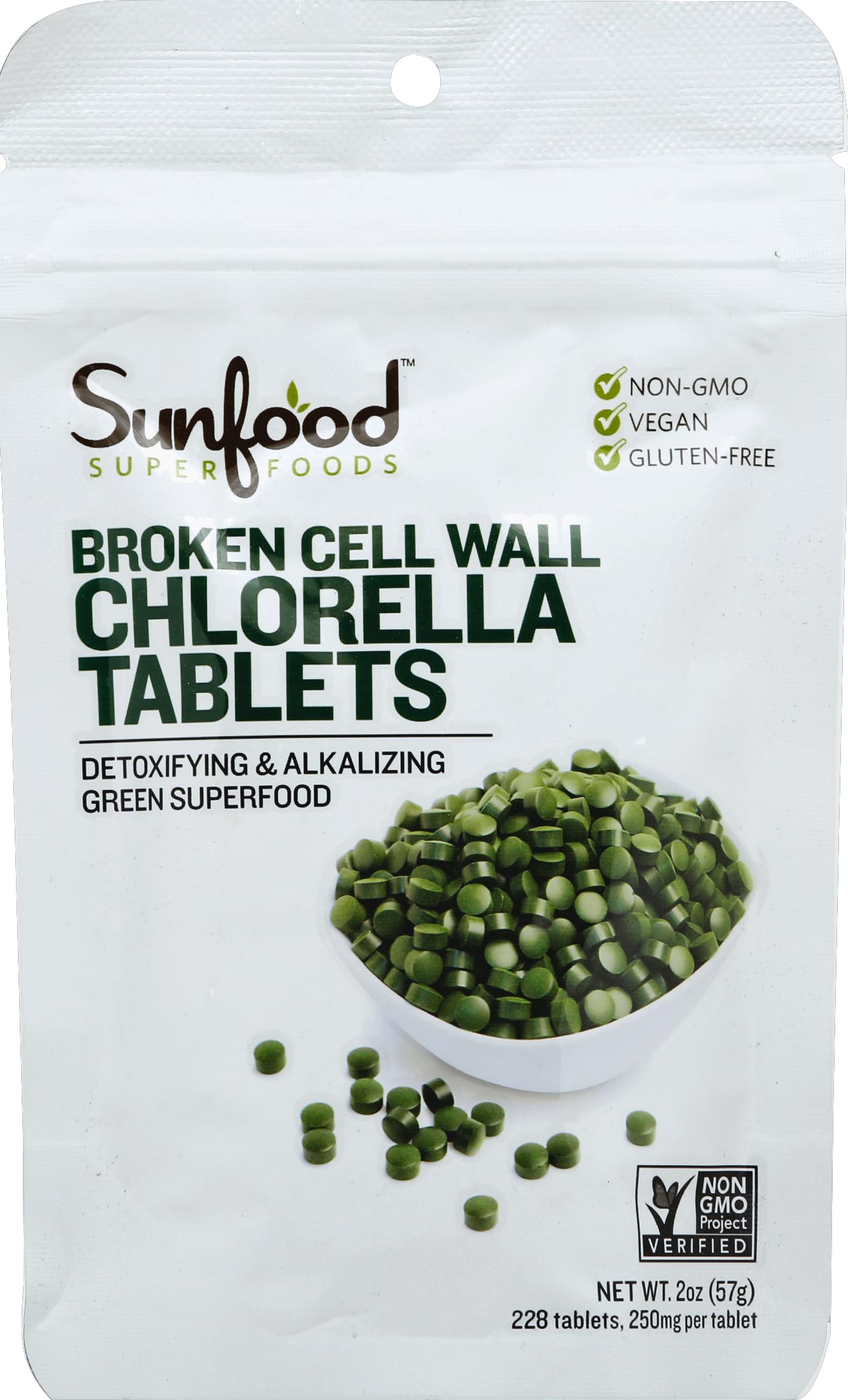 Sunfood Chlorella – tablette et bouteille, verser facilement pour un apport en antioxydants.