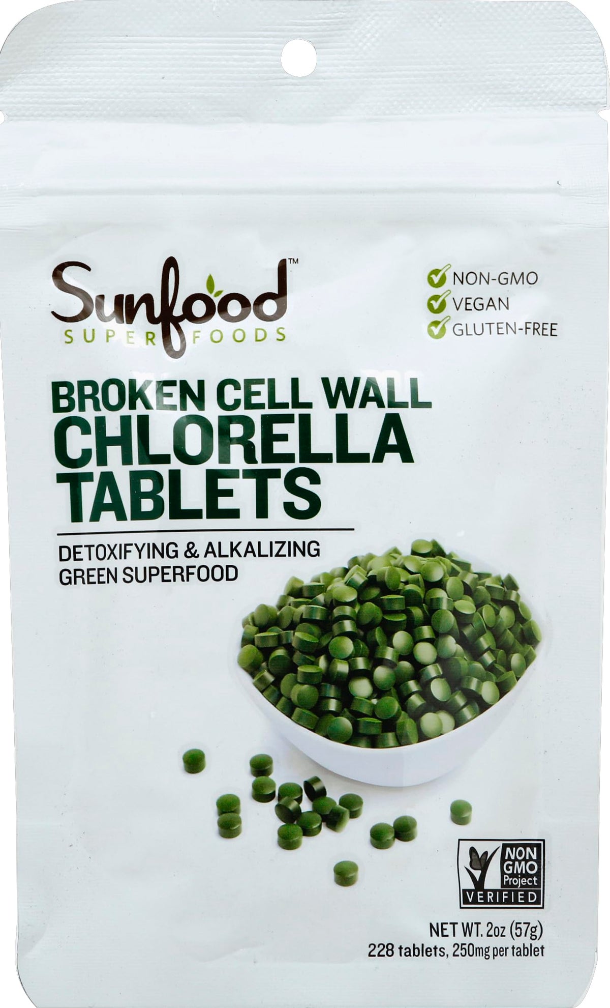 Sunfood Chlorella – tablette et bouteille, verser facilement pour un apport en antioxydants.
