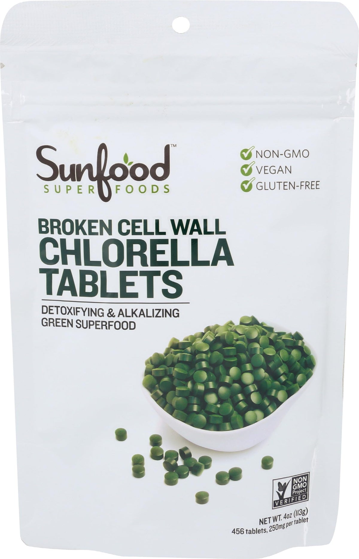 Sunfood Chlorella Tablettes emballage pratique et recyclable pour prise quotidienne.