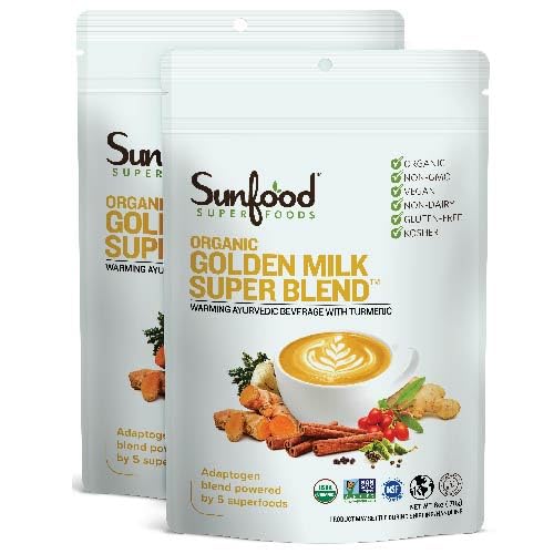 Sunfood Golden Milk Super Blend emballage visible, pratique et biologique.