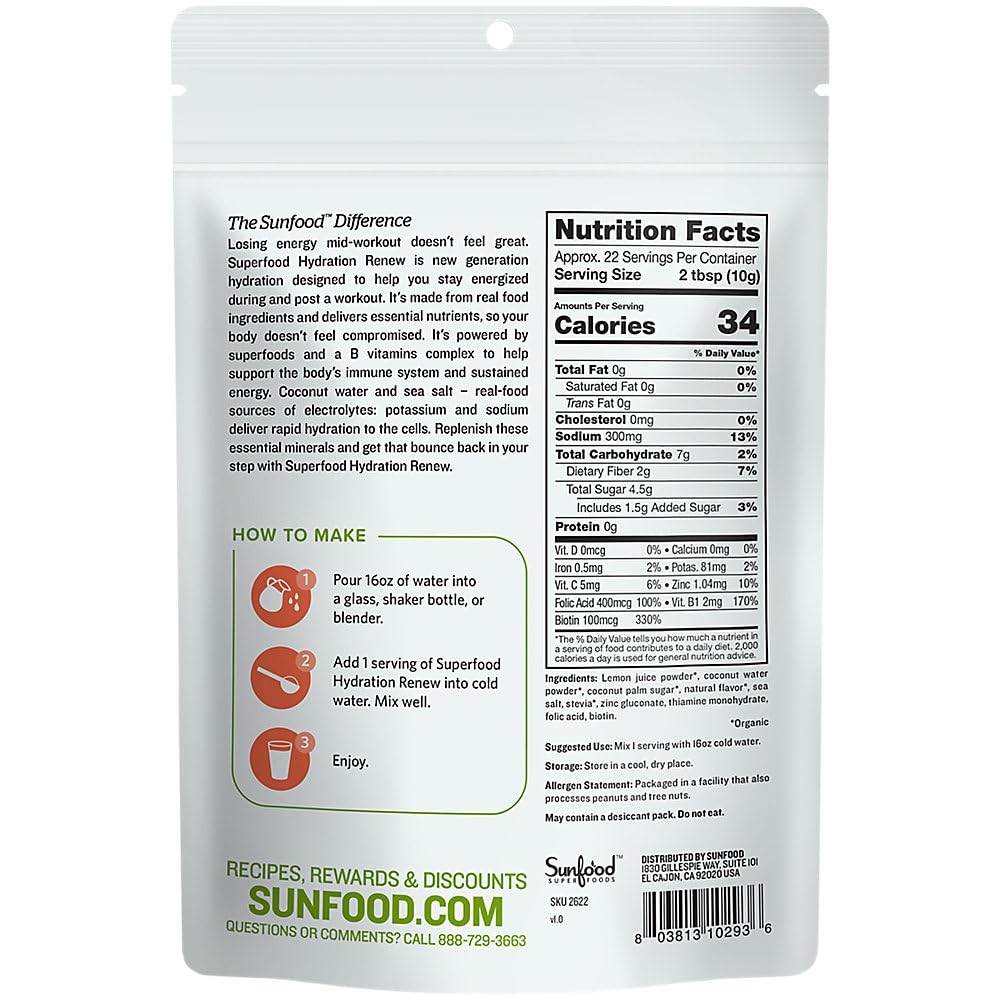 Sunfood Hydration Renew: emballage et étiquette montrant une boisson électrolytique prête à mélanger