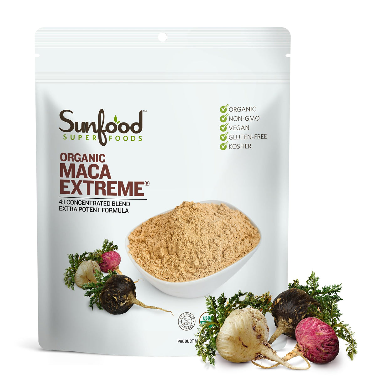 Sunfood Maca Extreme poudre fine prête à être intégrée dans smoothies et latte énergisant