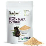Sunfood Maca noire en poudre dans le sachet, énergie naturelle au quotidien.
