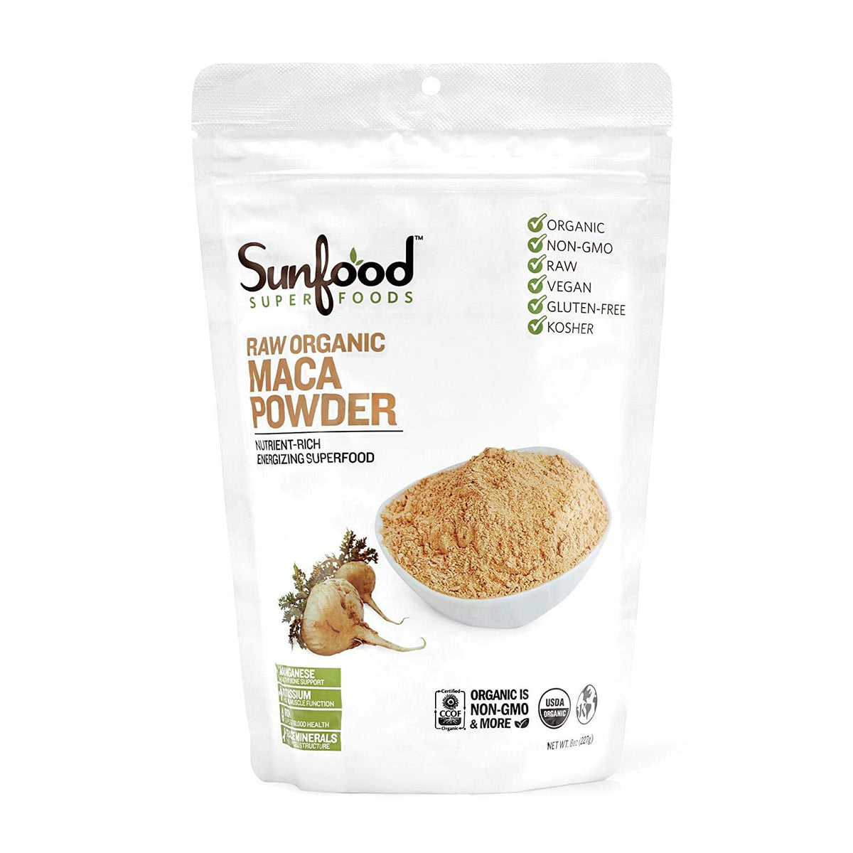 Sunfood Maca Poudre bio dans sac 225 g, énergie naturelle potentielle au quotidien.