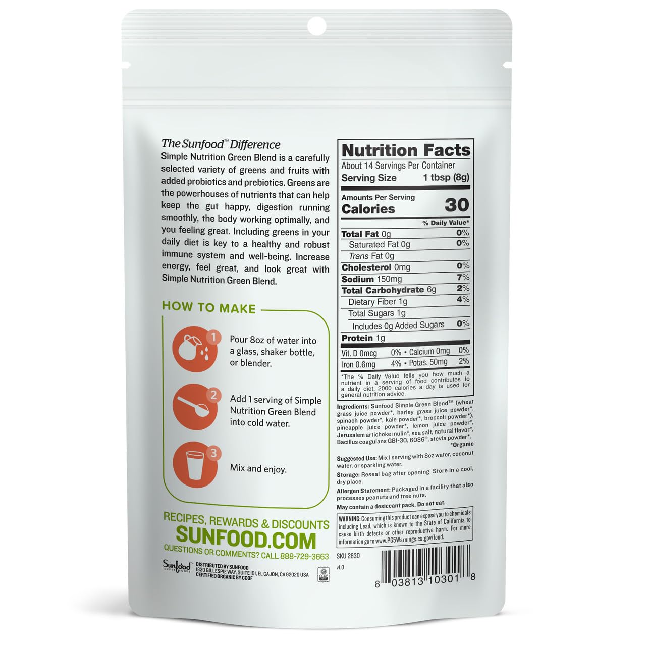 Sunfood Simple Nutrition Vert Mélange — ingrédients verts en poudre favorisant la digestion et le bien-être