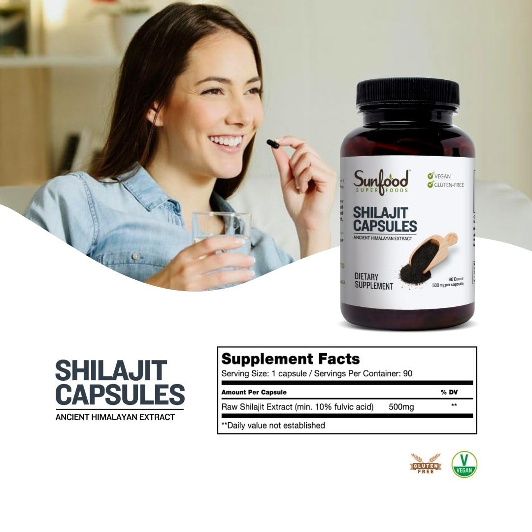 Sunfood Shilajit Capsules, poudre brute riche en acide fulvique et minéraux.