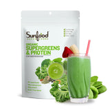 Sunfood Organic Supergreens & Protein emballage du produit prêt à ranger et transporter.