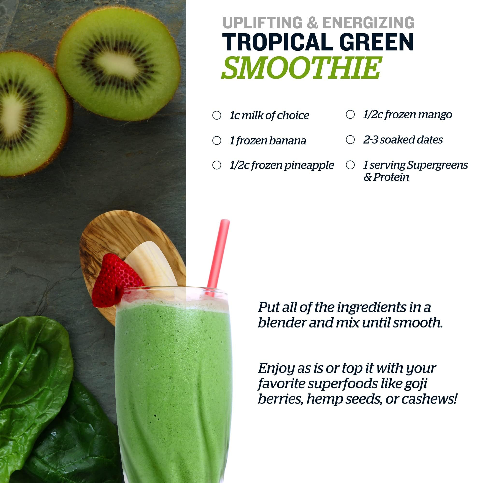Sunfood Organic Supergreens & Protein préparation smoothie frais et équilibré.