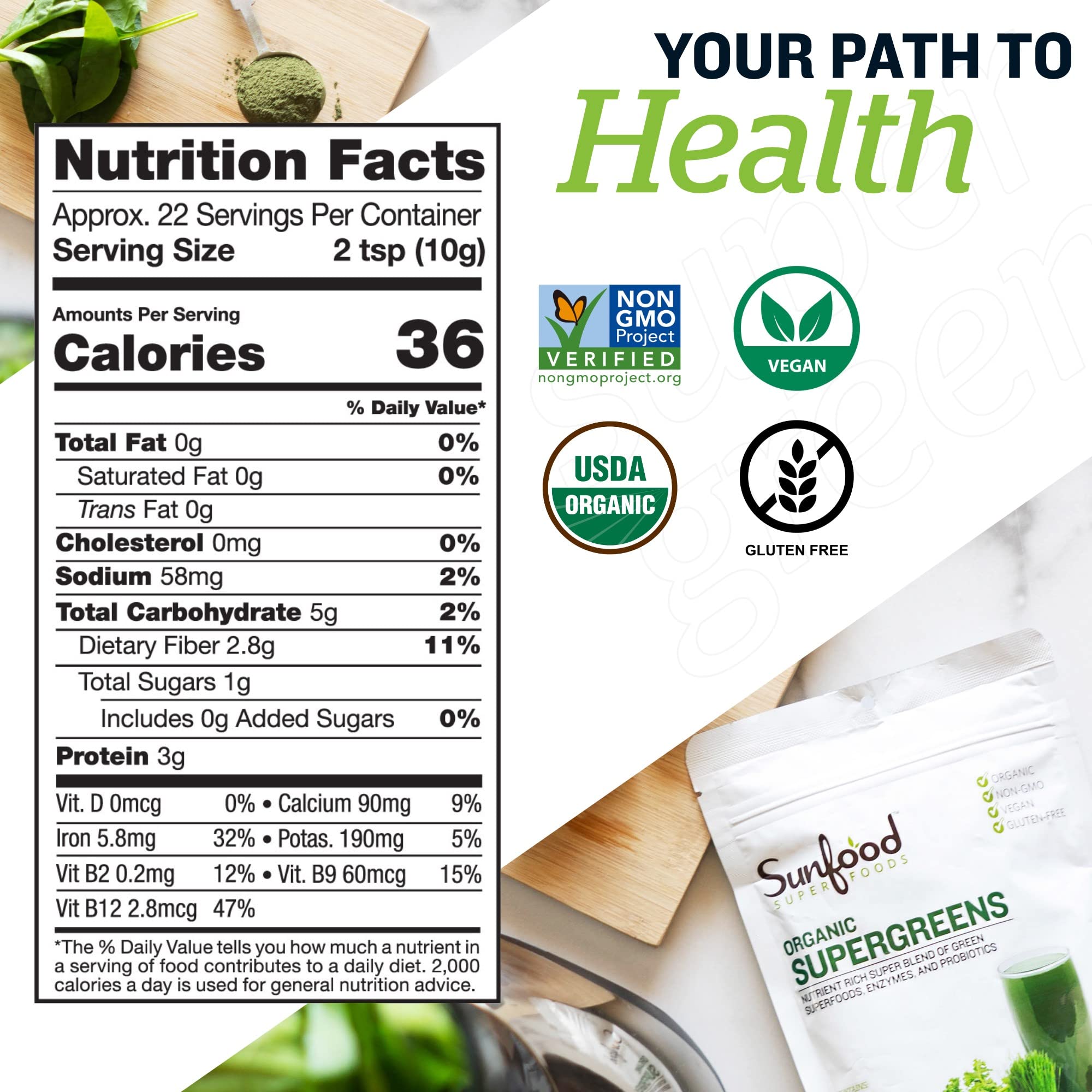 Sunfood Supergreens 19 superaliments, présence d'ingrédients riches en nutriments.