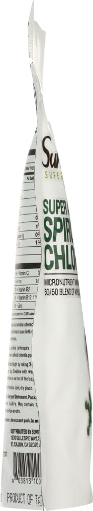 Sunfood tablettes chlorella-spirulina avec paroi cellulaire brisée pour absorption accrue.