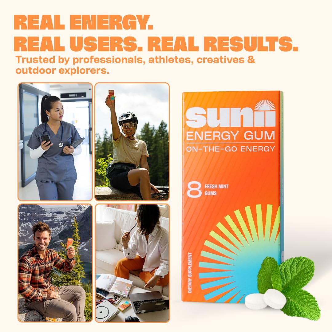 Sunii Energy Gum contient B6, B5 et taurine pour soutien énergétique.