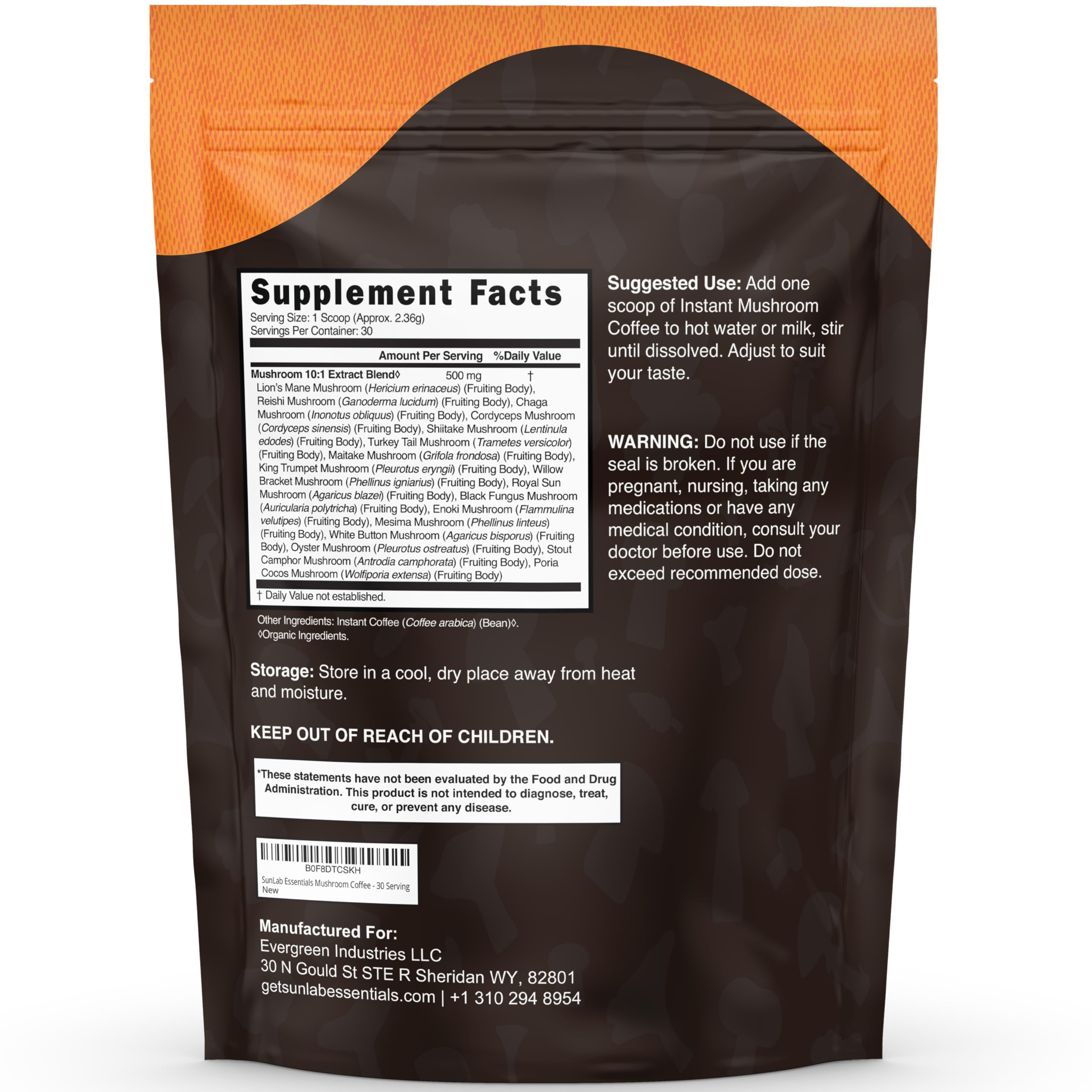 SunLab Essentials mélange Arabica-champignons pour concentration et clarté mentale.