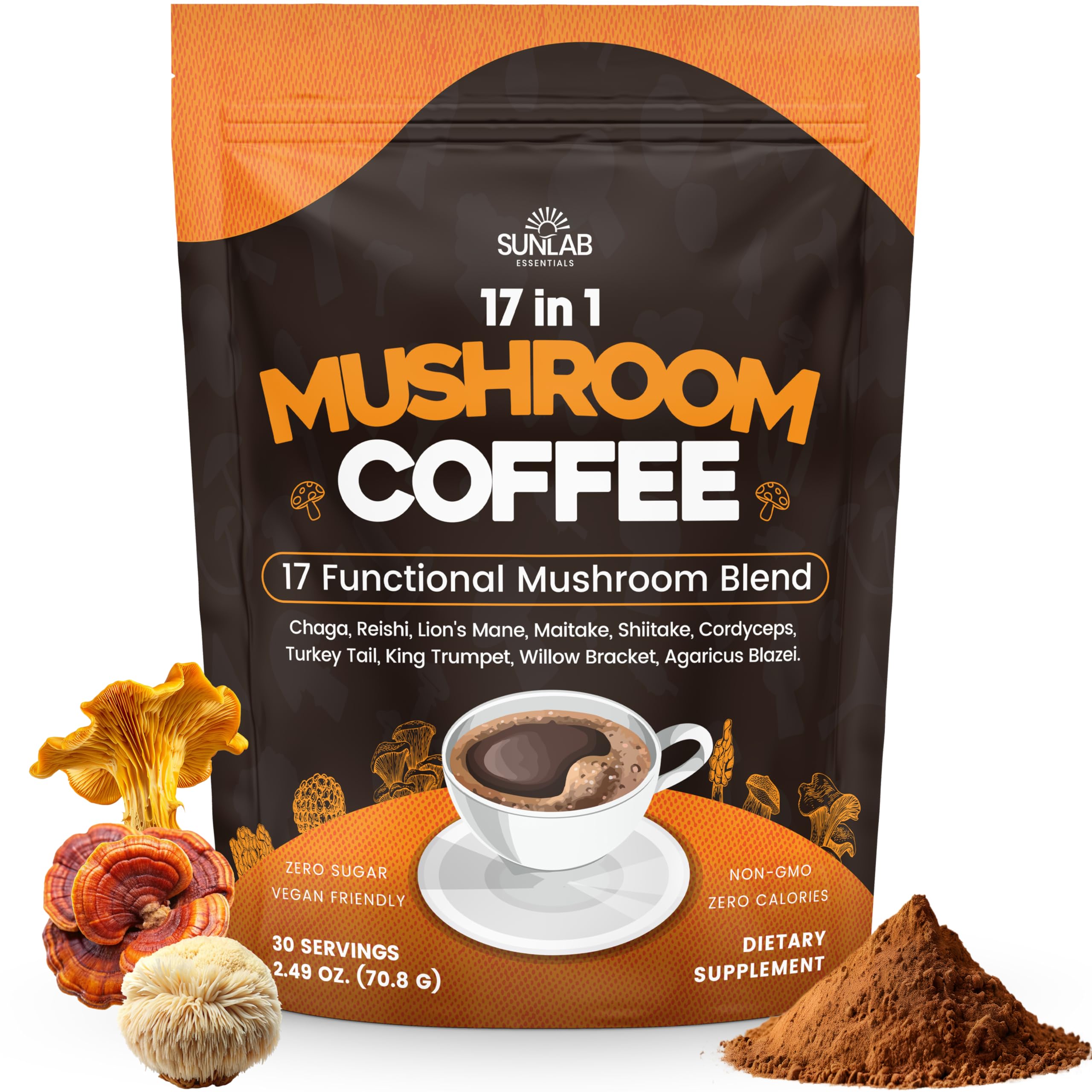 SunLab Essentials café instantané champignons 17 fonctionnels pour énergie durable.
