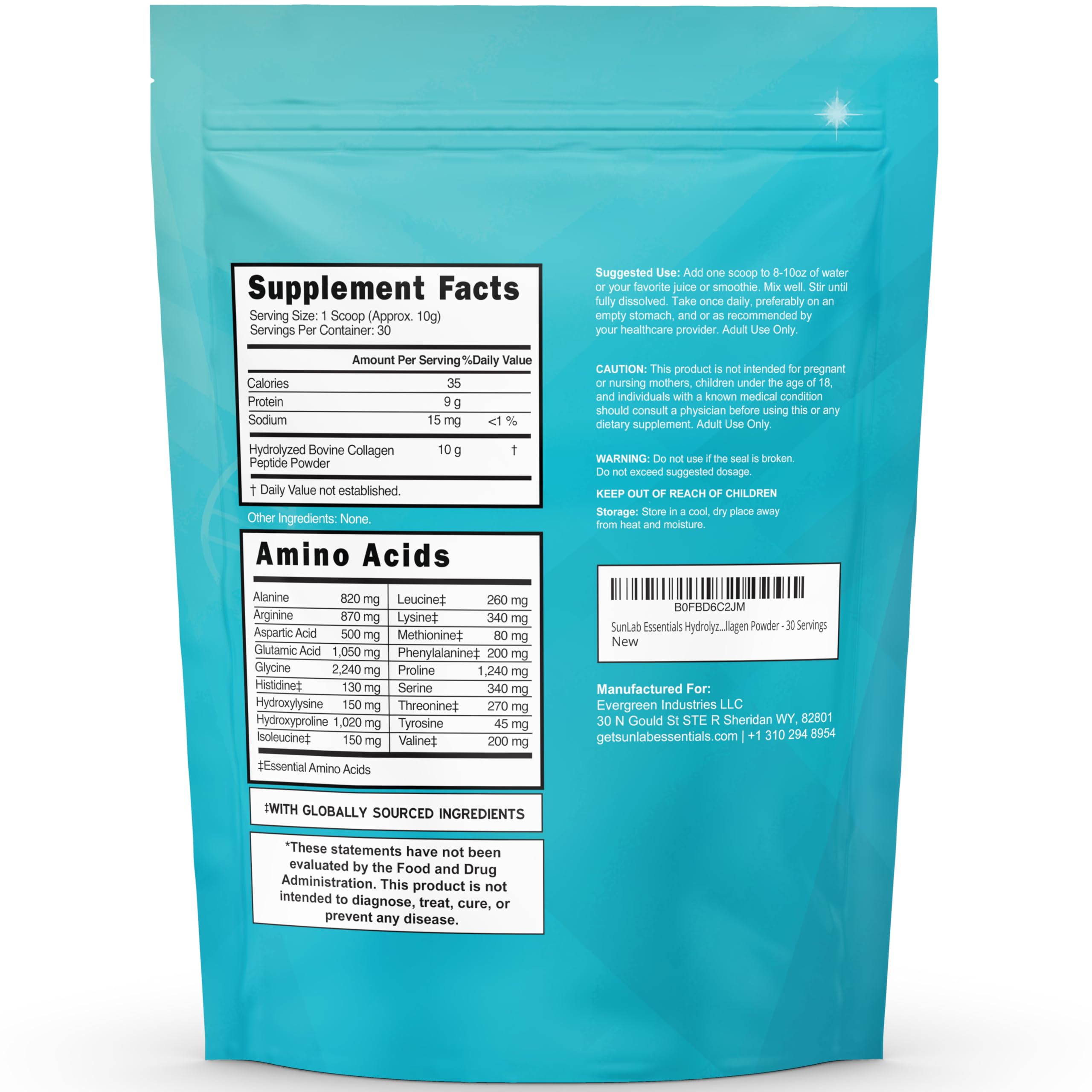 Poudre sans saveur SunLab Essentials prête à mélanger dans eau ou smoothie.