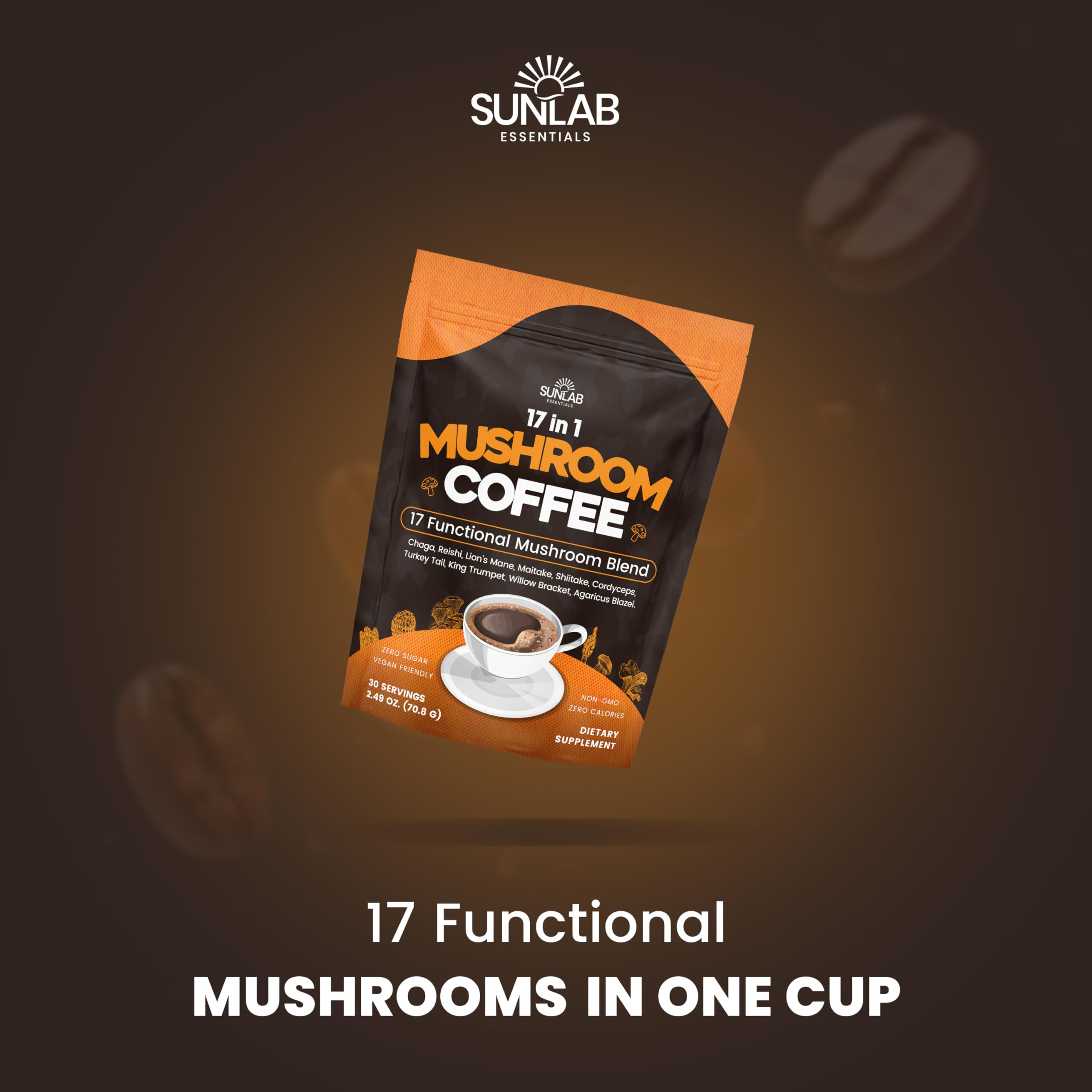 SunLab Essentials poudre de champignons dans le café, texture lisse et saveur riche.