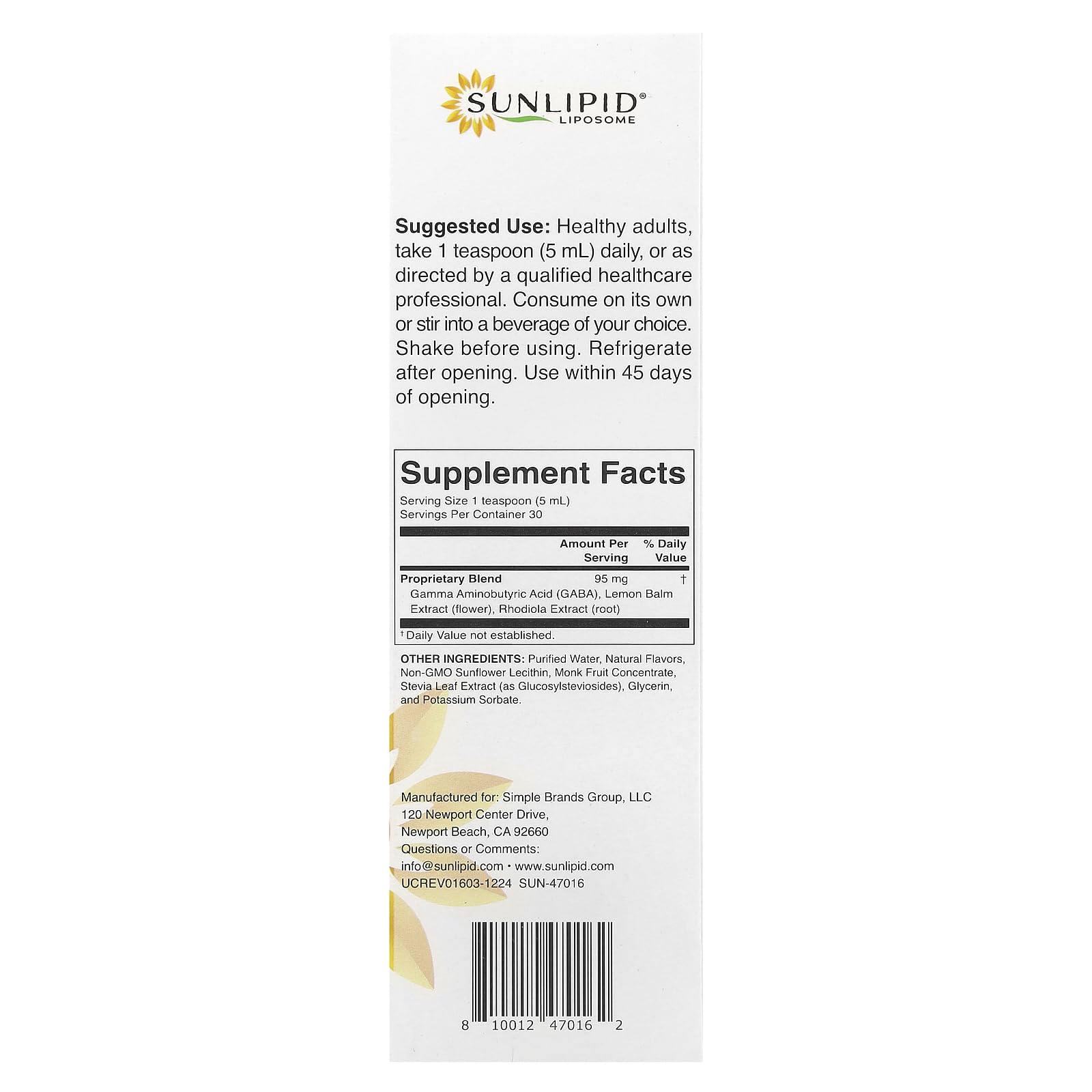 SunLipid Liposomal GABA Rhodiola — versement pratique pour soutien quotidien au calme