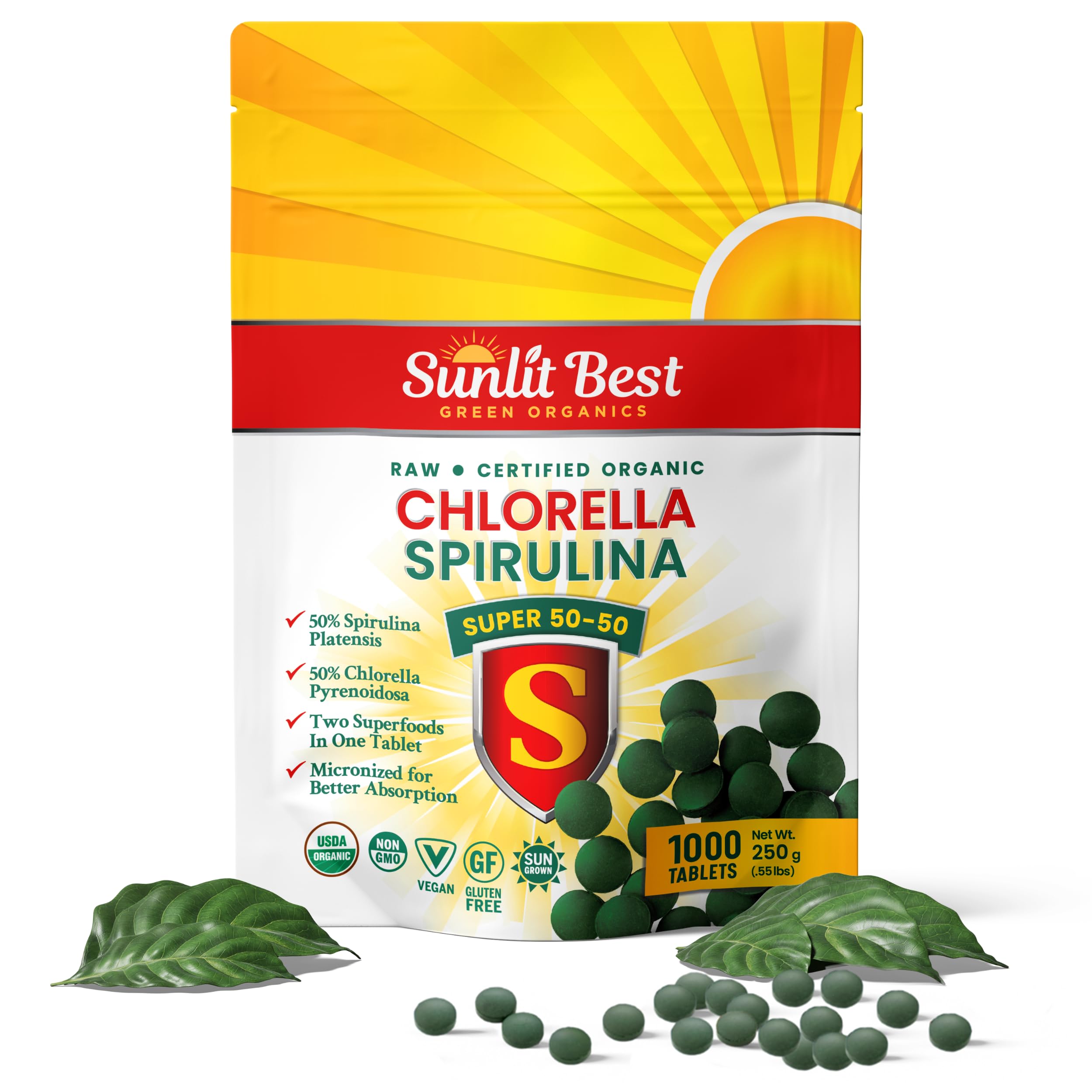Sunlit Best Green Organics, emballage pratique des tablettes 50/50 chlorella-spiruline.