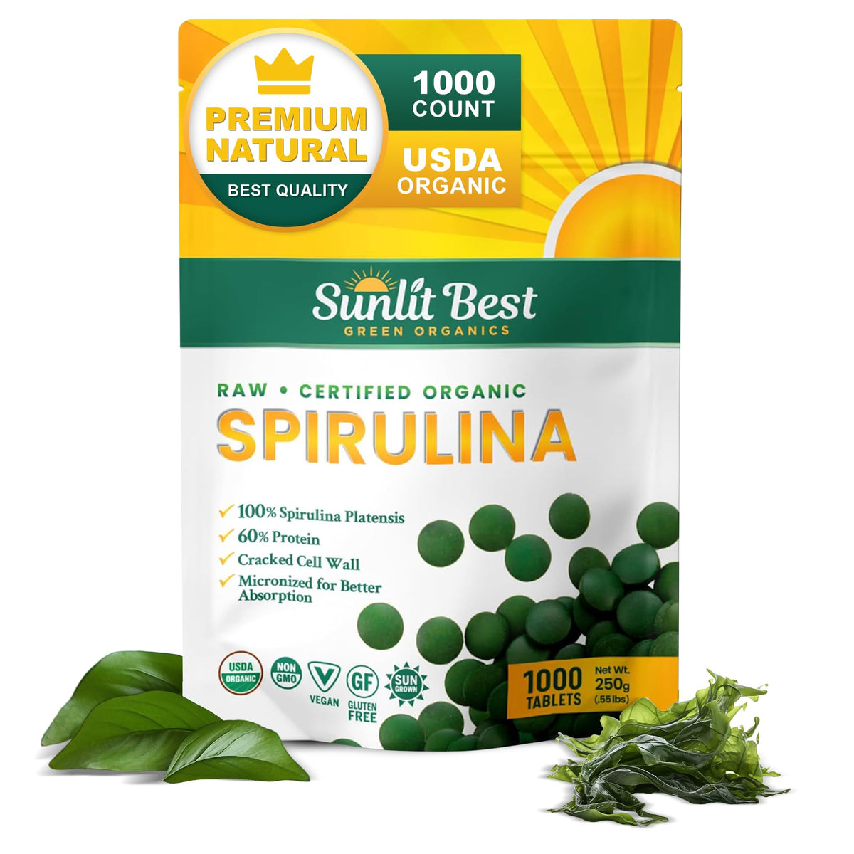 Sunlit Best Spiruline : bouteille contenant des comprimés riches en protéines pour énergie durable.