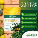 Sunlit Best Spiruline: close-up tablette verte montrant texture naturelle.
