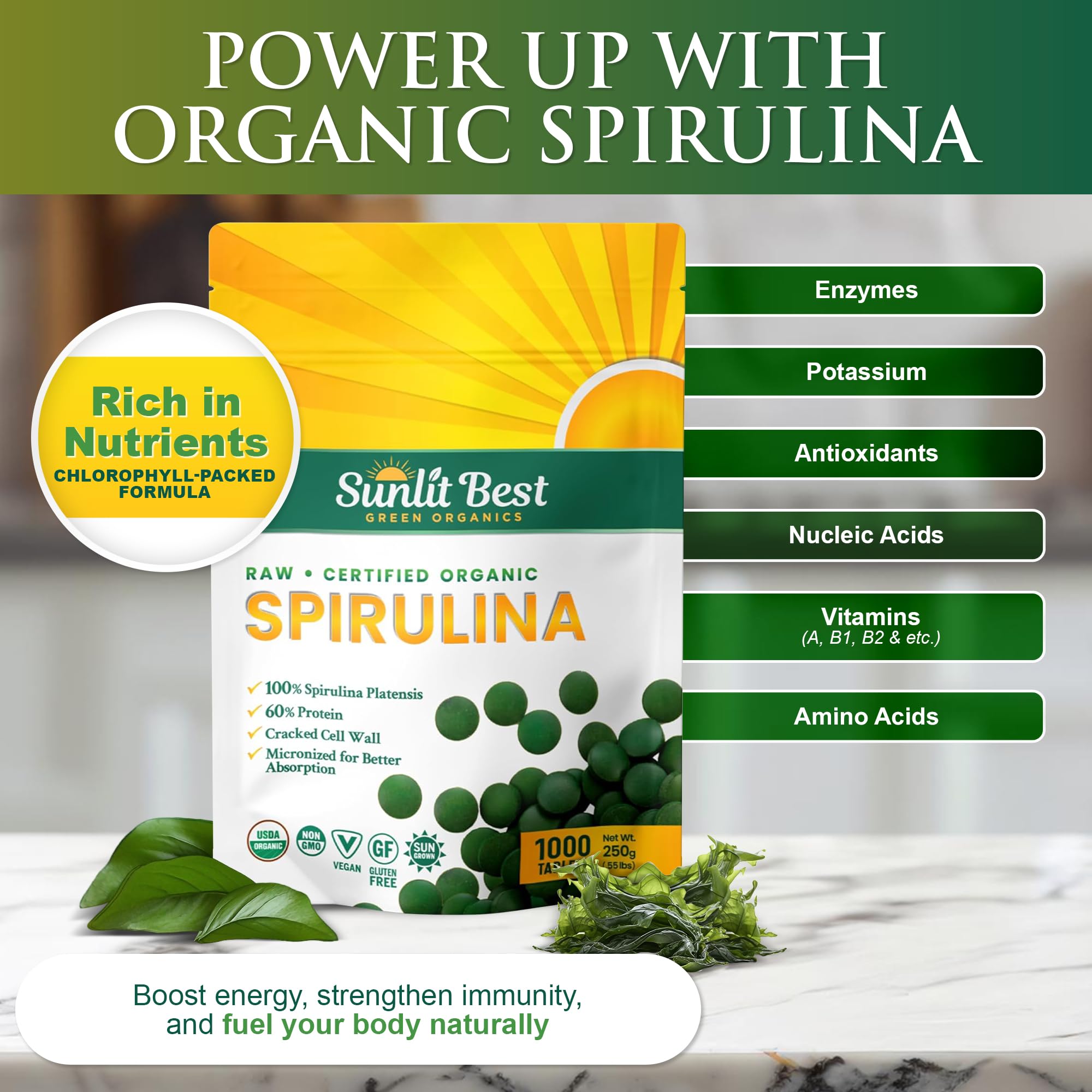 Sunlit Best Spiruline: emballage extérieur clair facilitant la sélection et le rangement quotidien.