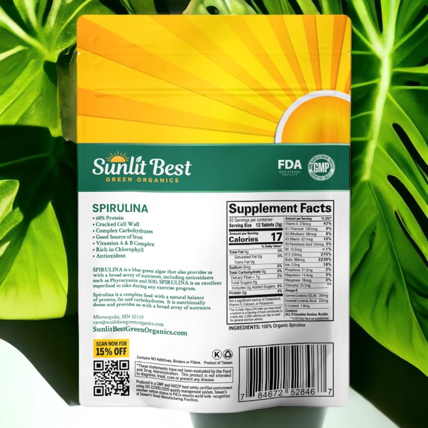 Sunlit Best Spiruline: comprimés verts offrant énergie et bien-être au quotidien.