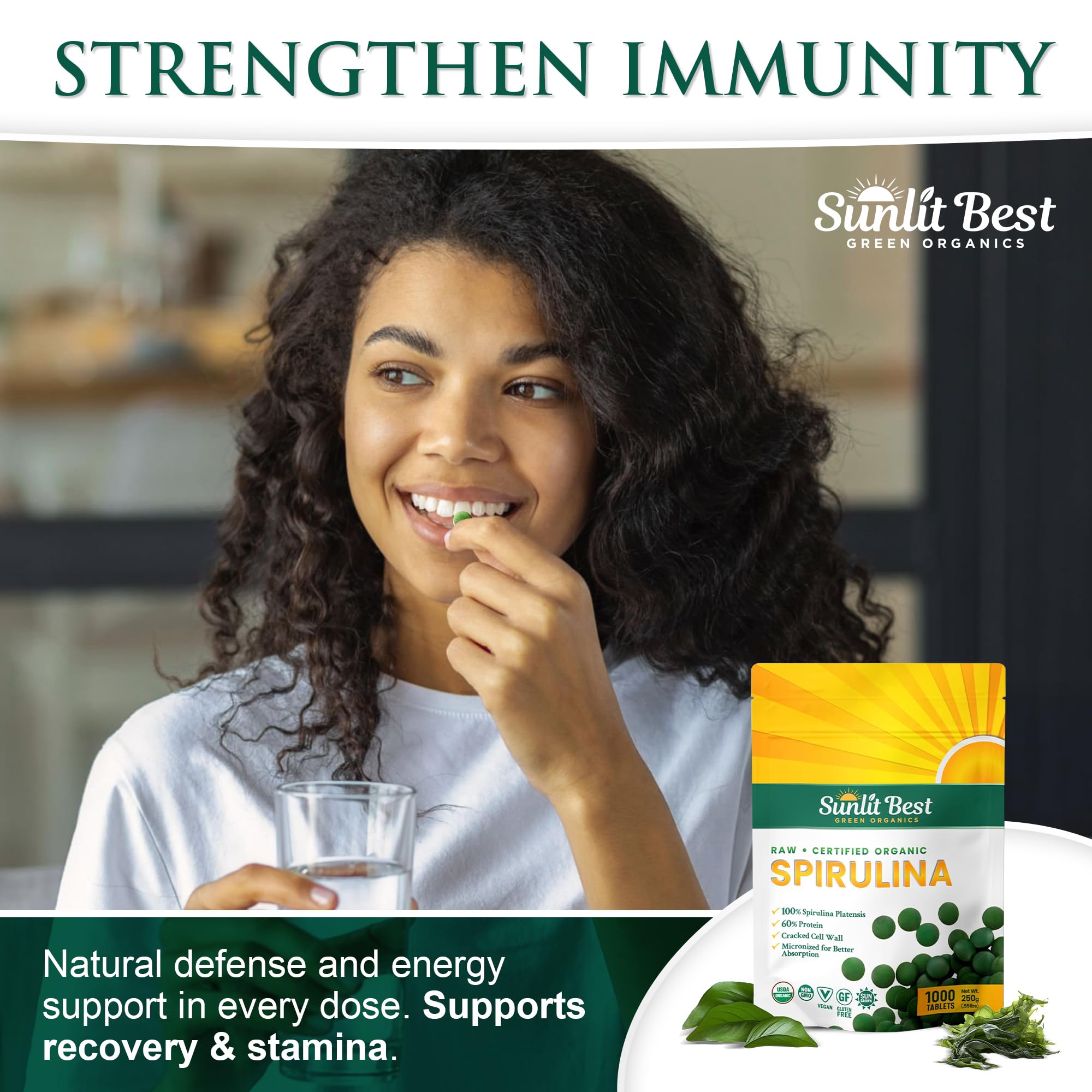Sunlit Best Spiruline: étiquette lisible indiquant ingrédients et origine.