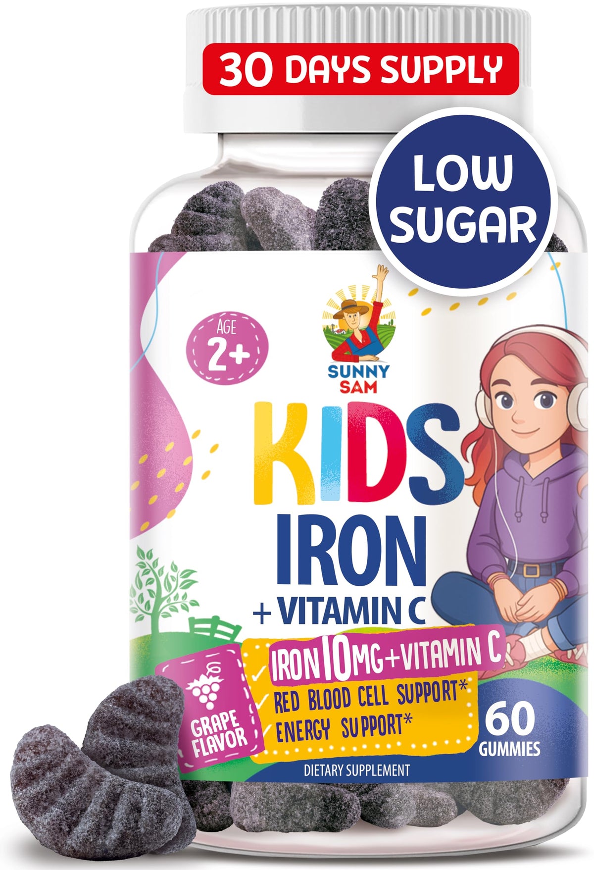 Sunny Sam Gomme Fer Enfants Bouteille — faciles à mâcher, goût raisin, soutien potentiel d'énergie.