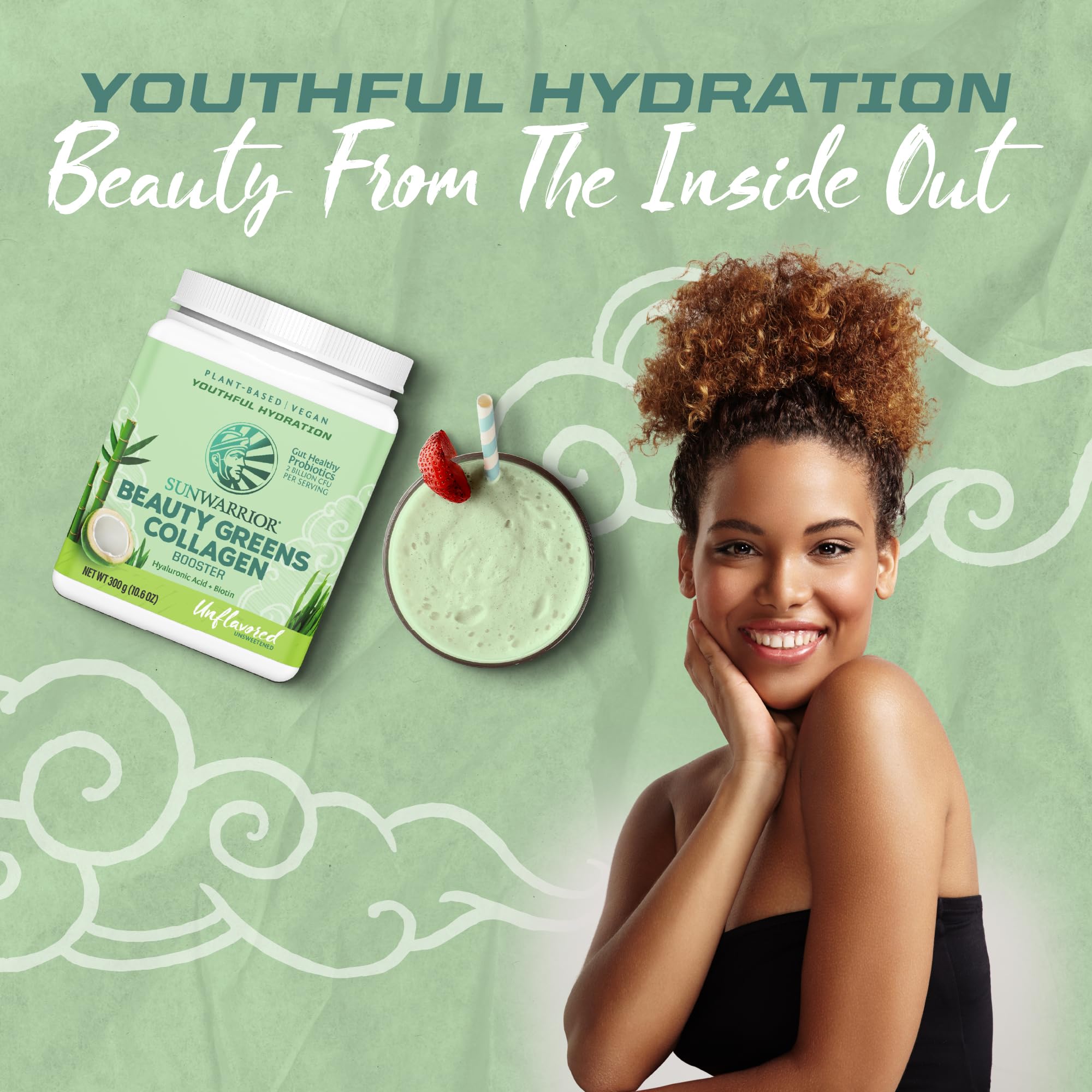 Sunwarrior Beauty Greens Collagen Booster : paquet ouvert prêt pour préparer un shake
