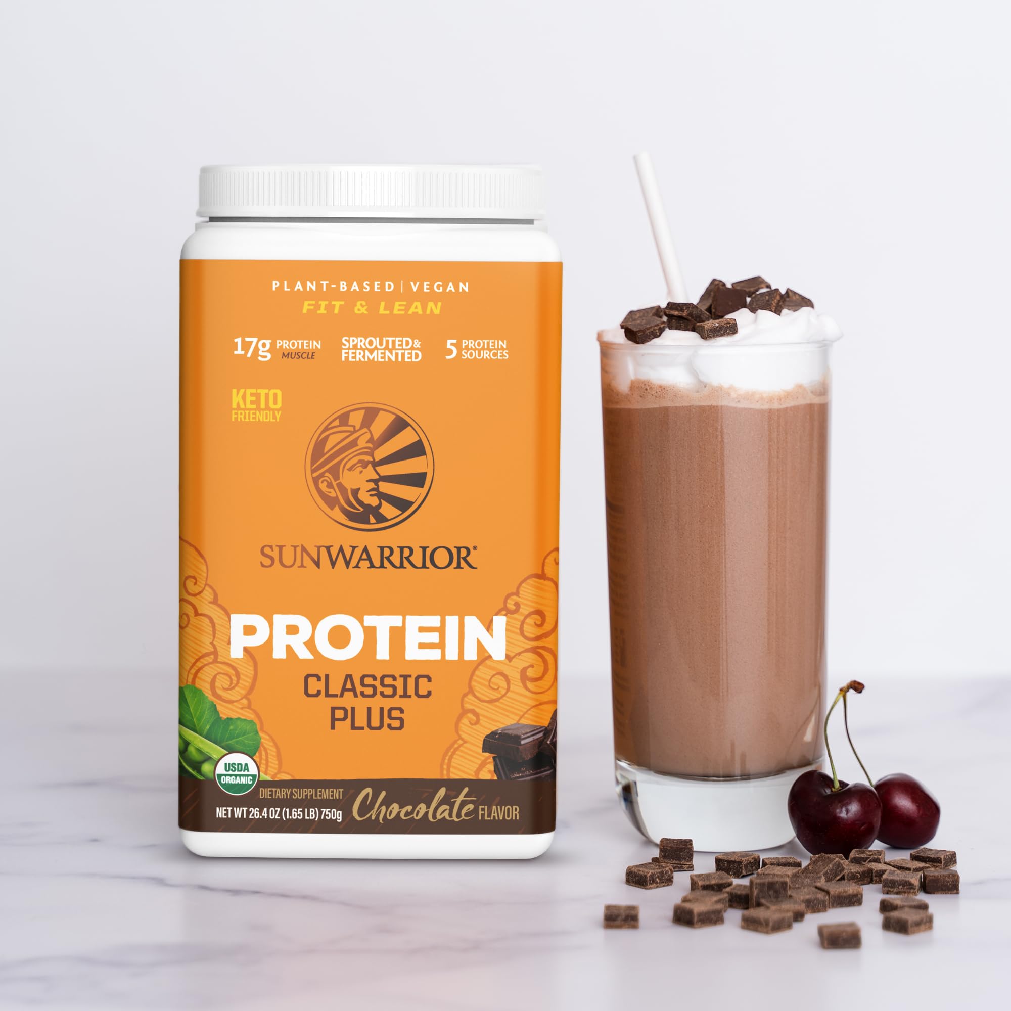 Étiquette biologique Sunwarrior Classic Plus indiquant vegan et cru