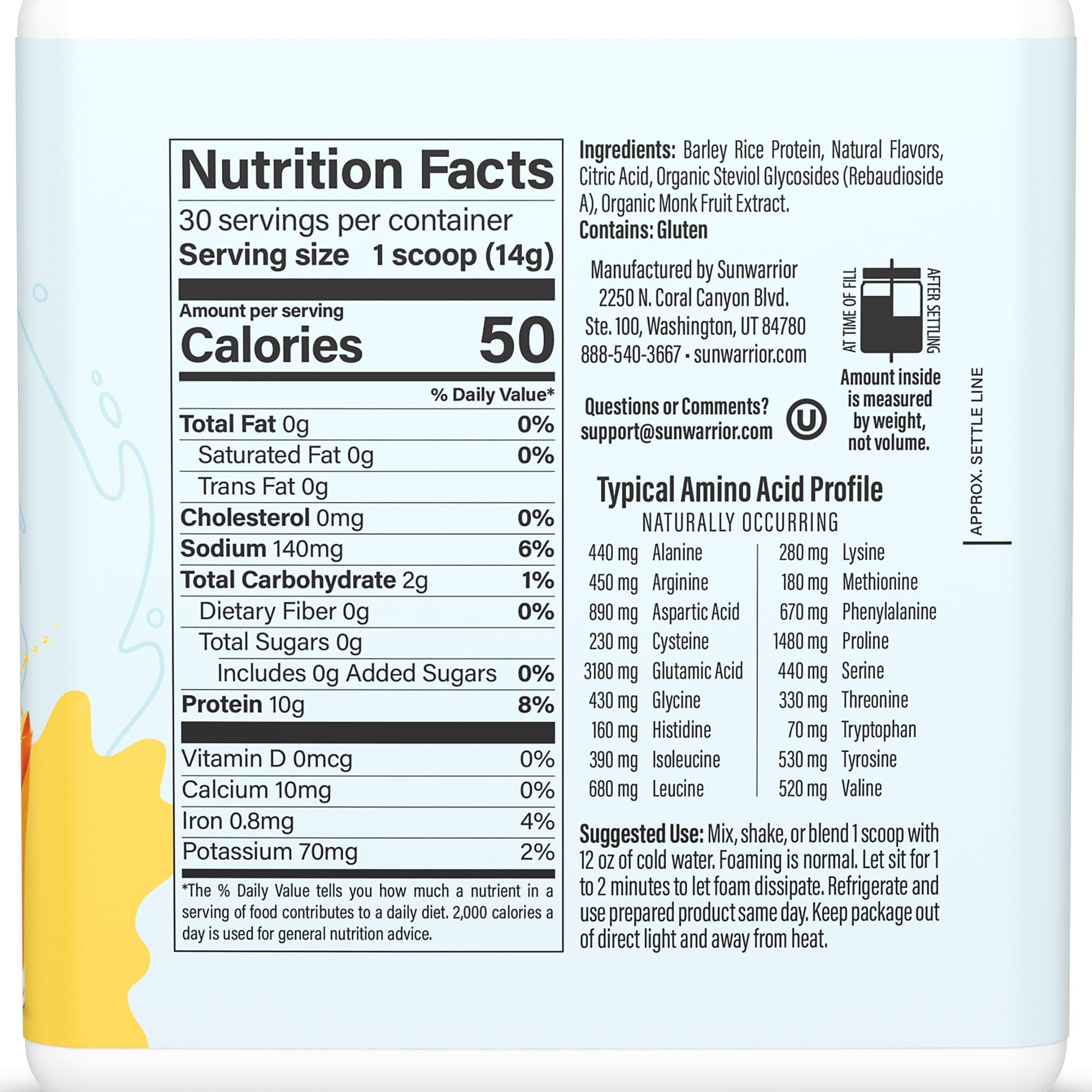 Sunwarrior Clear Protein – doseur et poudre, prêt à être mélangé avec de l'eau.