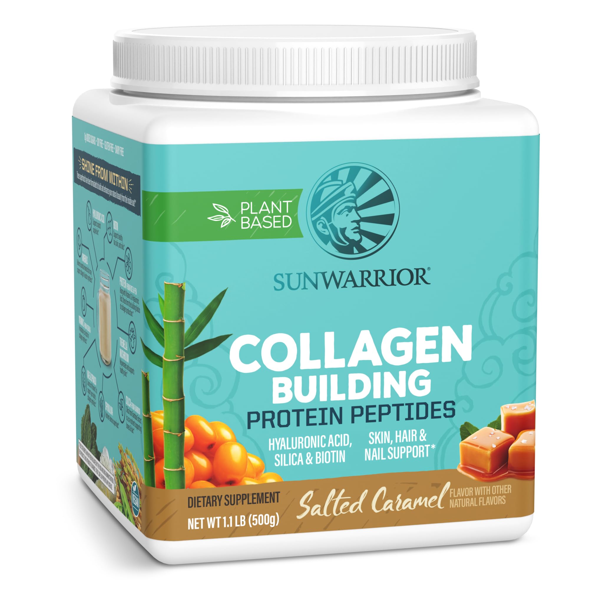 Sunwarrior Collagene vegan, bouteille ouverte prête à être versée dans un shaker.