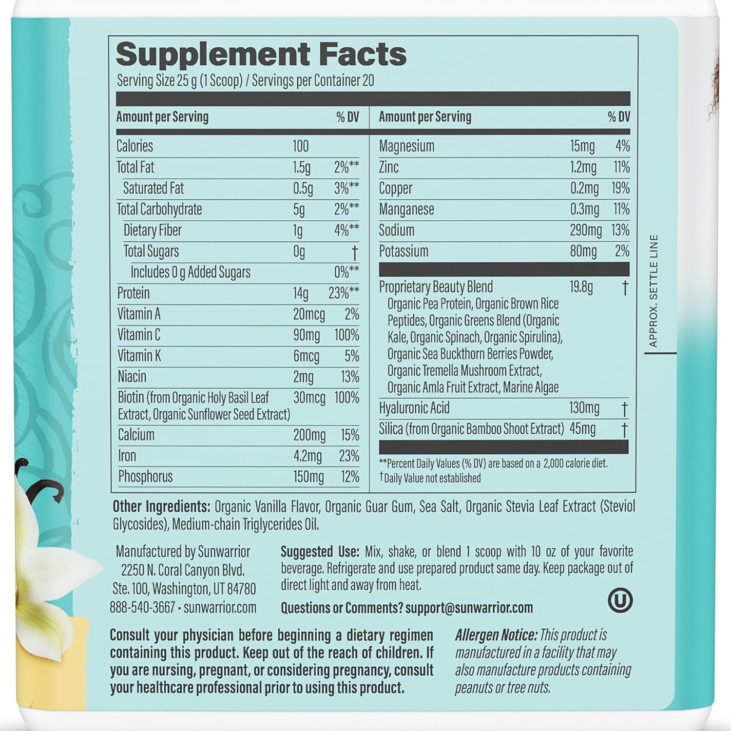 Sunwarrior Poudre Protéinée Végétale Vanille avec doseur, mélange rapide dans une boisson.