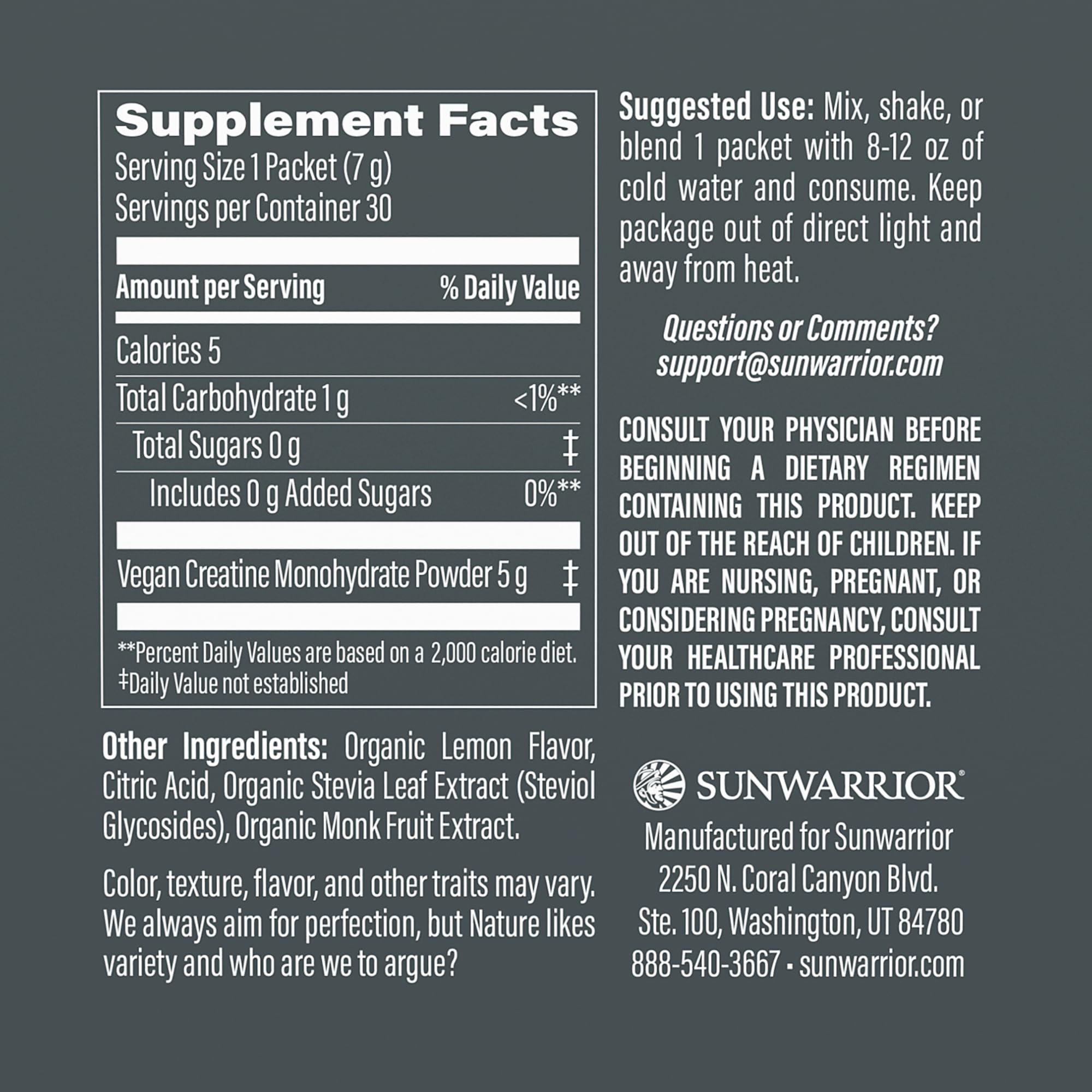 Boîte Sunwarrior Créatine 30 portions, emballage pratique pour les séances.