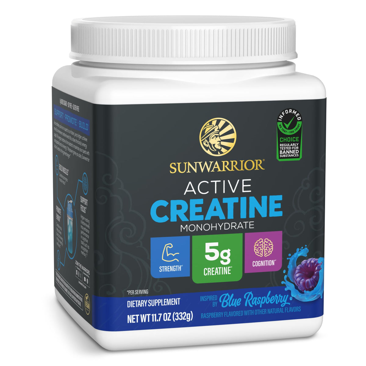 Sunwarrior Créatine Monohydrate dans flacon bleu framboise, soutient énergie et puissance potentielle.