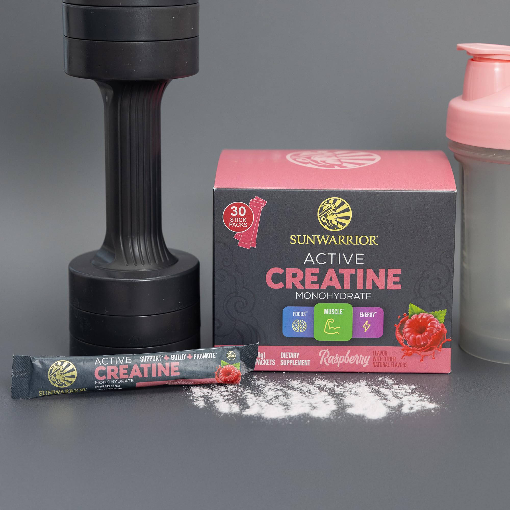 Sunwarrior Créatine Monohydrate Poudre Framboise, végane et compatible régime céto sans produits animaux.